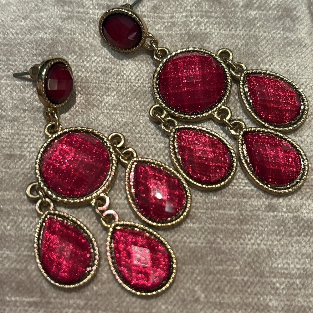 Vintage Red Wine Color and Gold Chandelier Earrings 2”